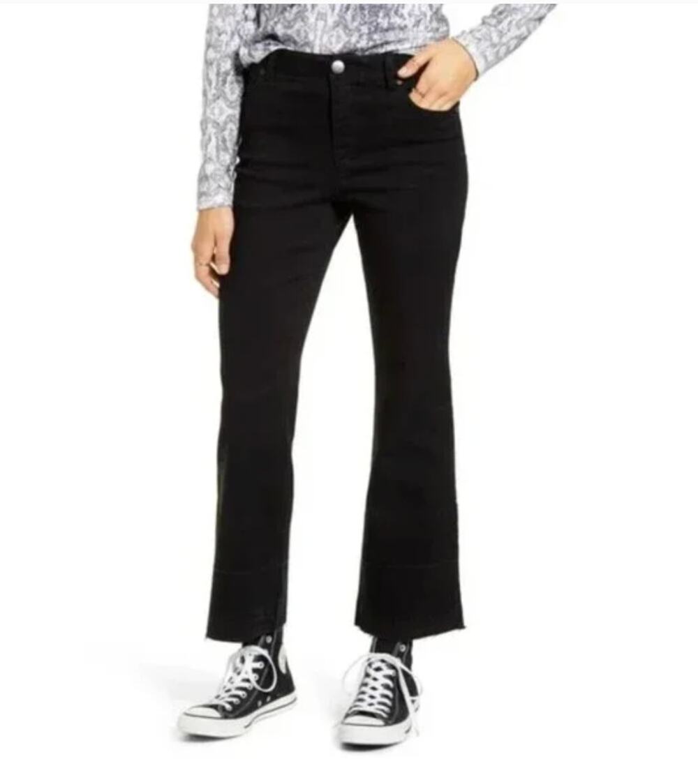 1822 Denim Black High Rise Flare Jeans Raw Hem Stretch Size 28